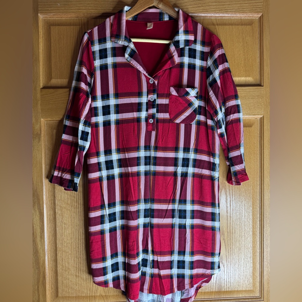 Red Plaid Shirt Dress - Picture 1 of 7